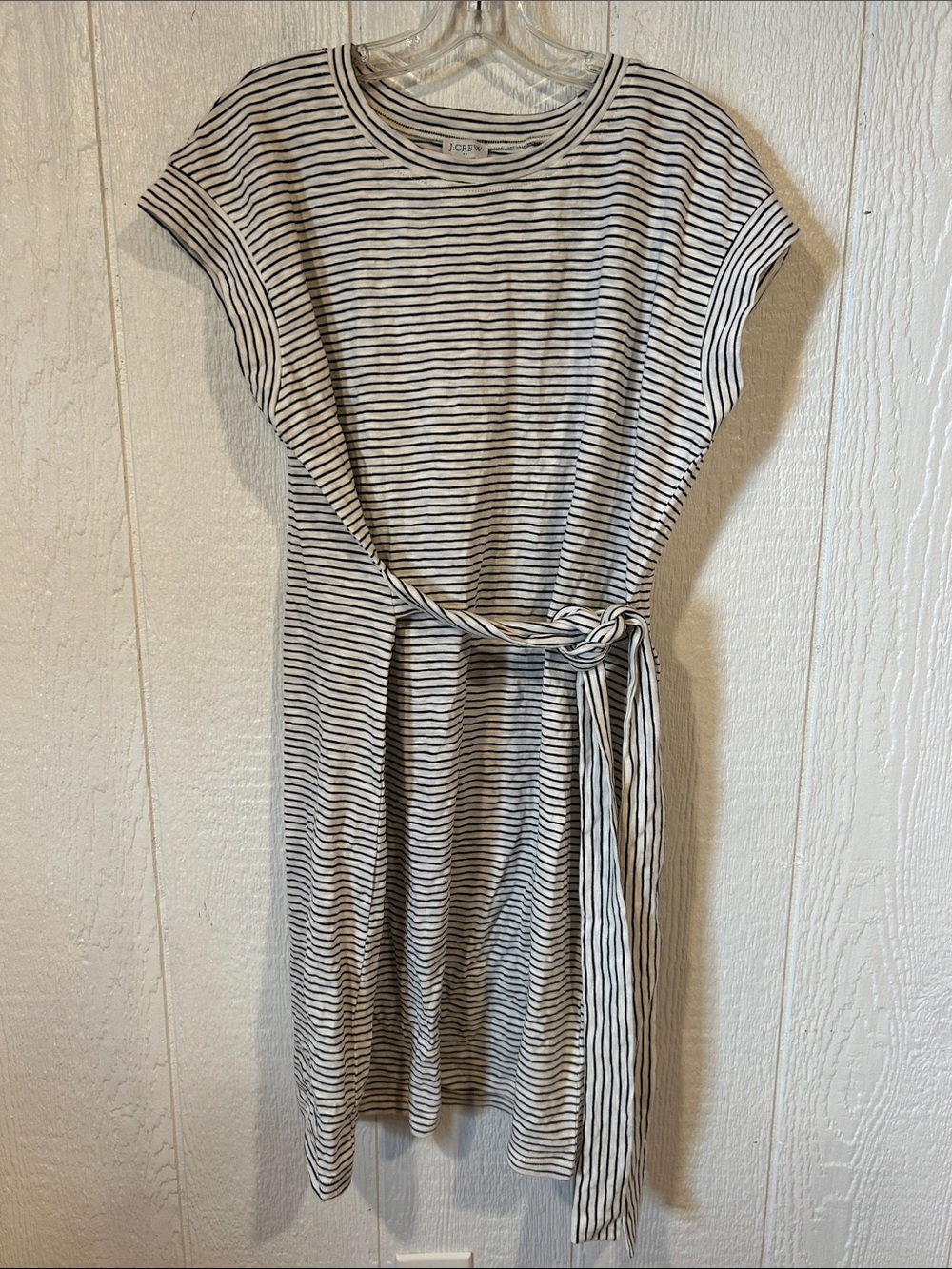 J. Crew Black and White Striped Tie-Waist Midi Dress